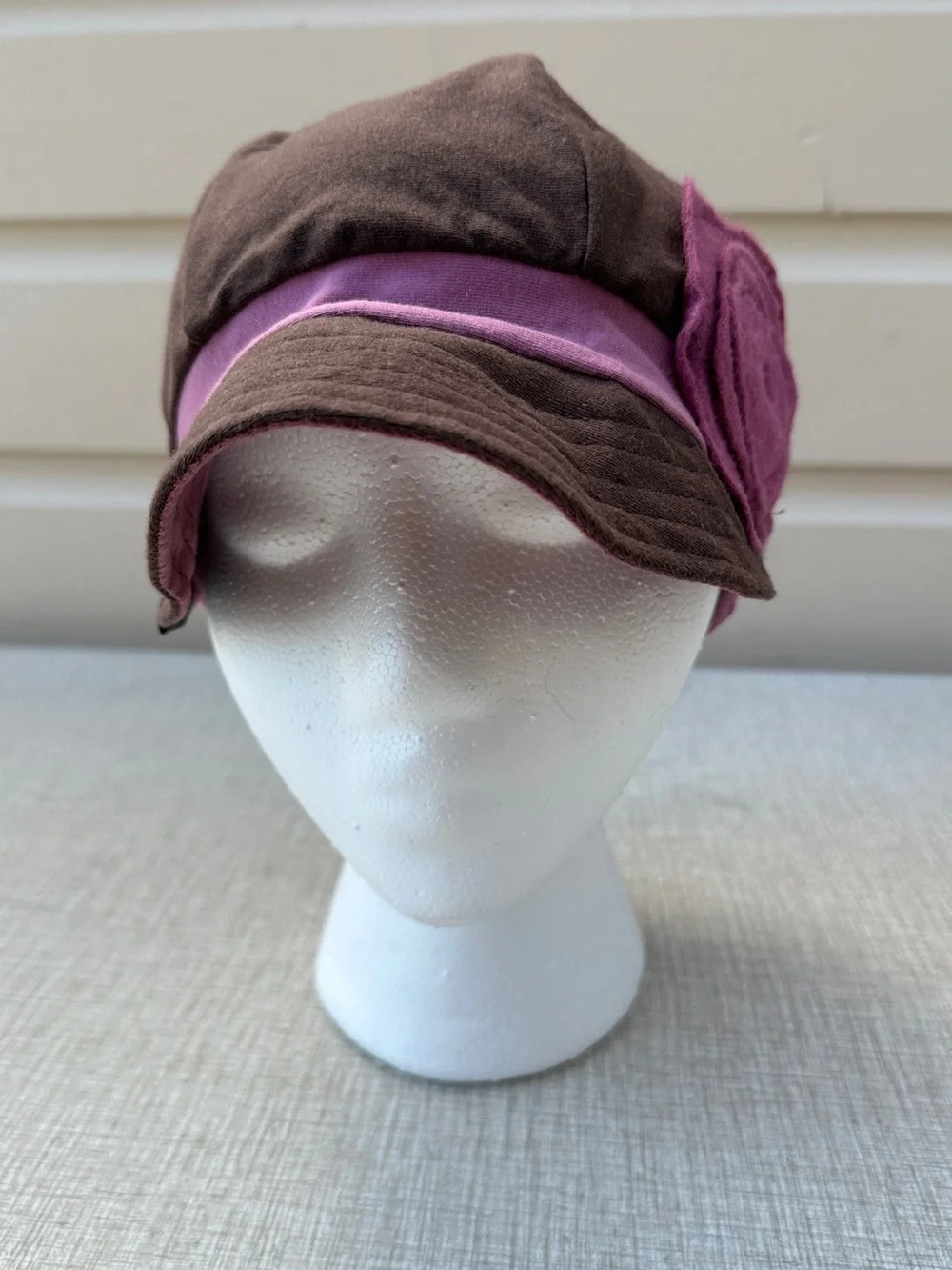 Brown & pink organic cotton blend stretch baseball style cap hat + flower accent